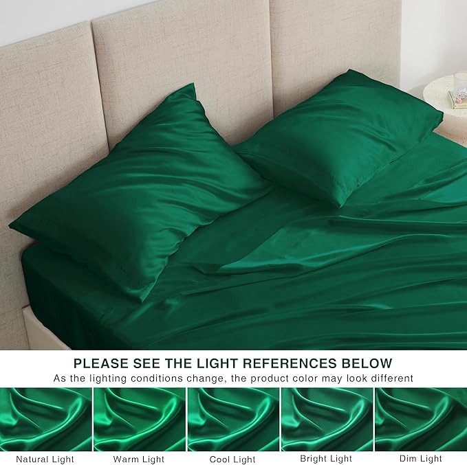 Love's cabin 4Piece California King Satin Bed Linen Set, Dark Green Silky Satin Sheets, Deep Pocket, Luxury Silk Feel, 1 Flat, 1 Fitted Sheet, 2 Pillow Cases