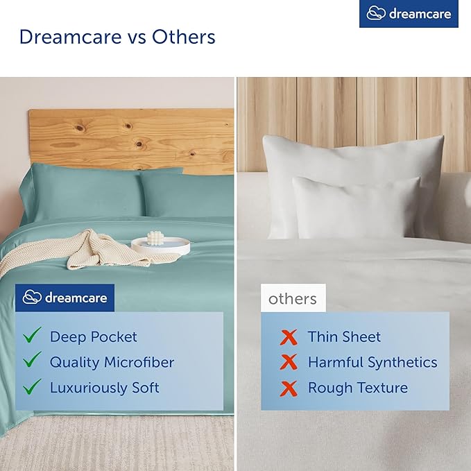 DREAMCARE King Size Sheets Set – 4 pcs Cooling Sheets – up to 21” Deep Pocket King Sheet Set – Hotel Luxury Sheets & Pillowcases – Superior Softness 100% Microfiber with Side Pocket - Spa Blue