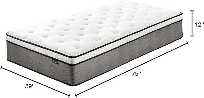 ZINUS 12 Inch True Support Hybrid Mattress [New Version], Twin, Fiberglass Free, Medium Feel, Motion Isolation, Certified Safe Foams & Fabric, Mattress in A Box