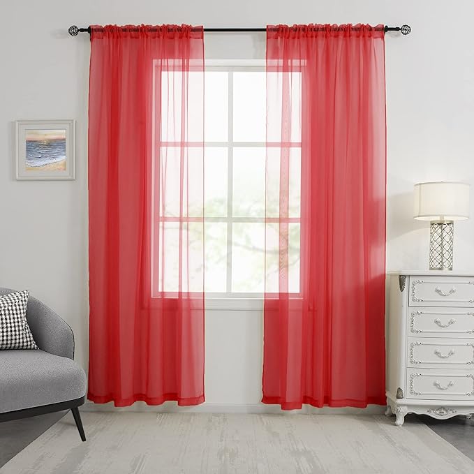 HUTO Christmas Red Sheer Curtains 96 inches Long for Baby Wedding Party Backdrop Rod Pocket Window Sheer Panels Drapes for Bedroom Nursery Living Room 2 Panels Voile Sheer 52 Width by 96 Inch Length