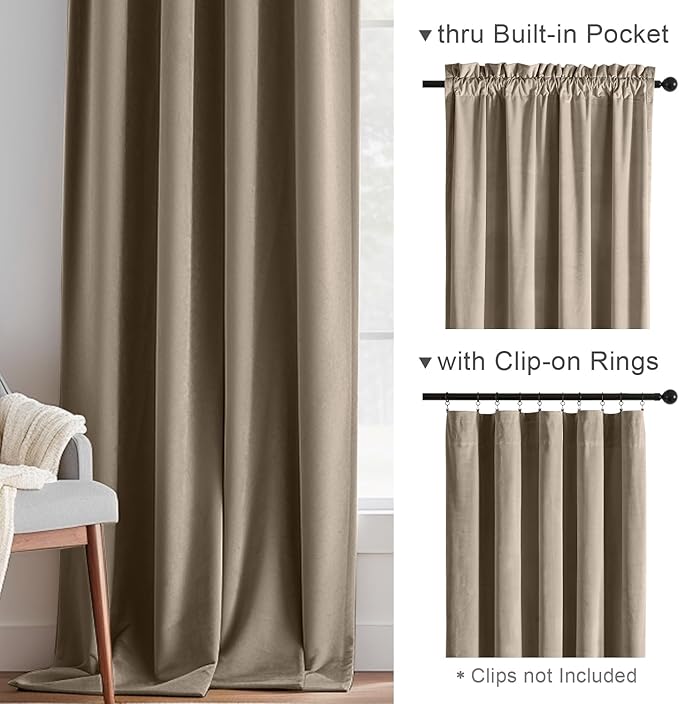 Lazzzy Velvet Blackout Curtains Thermal Insulated Room Window Drapes Super Soft Luxury Curtains for Living Room Bedroom Rod Pocket 2 Panels, Light Taupe, 52" W x 108" L