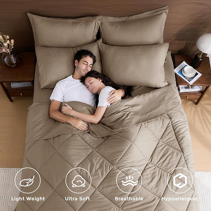 HEVUMYI Khaki Queen Comforter Set - 7-Piece All Season Bed in a Bag Queen, Ultra Soft Bedding Set with Comforter, Flat Sheet, Fitted Sheet, Pillowcases, Pillow Shams