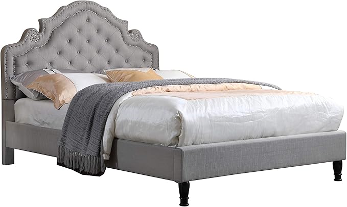 HomeLife Premiere Classics 51" Tall Platform Bed with Cloth Headboard and Slats - Full (Light Grey Silver)