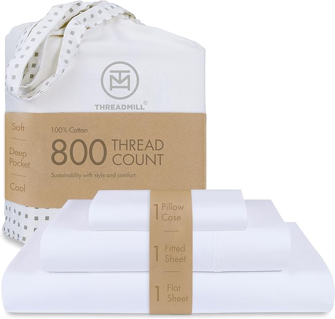 Threadmill Luxury 800 Thread Count Twin 100% Cotton Sheets - Hotel White Sateen Weave Bed-Sheets, Better Than Egyptian Cotton,3 Pc Solid Soft Bedding Set, Fits 15" Deep Pocket