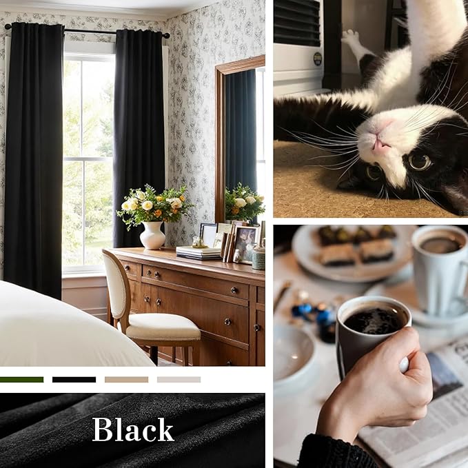 Lazzzy Velvet Blackout Curtains Thermal Insulated Room Window Drapes Super Soft Luxury Curtains for Living Room Bedroom Rod Pocket 2 Panels, Black, 42" W x 84" L