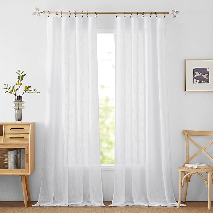 RYB HOME Semi Sheer Curtains 102 inches Long, White Light Filtering Half Privacy Window Curtains & Drapes for Bedroom Living Room, White, W 52 x L 102 inches, 2 Panels Set