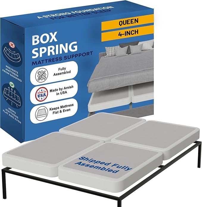 Greaton, Box Spring Bed Base Queen Size, 4-Inch Wood Mattress Foundation – Amish Made in USA – Quiet Noise Free, 4-Pieces Under Mattress-Support BoxSpring, Fully Assembled, White