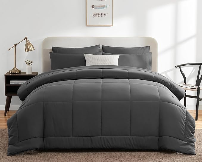 CozyLux Full Size Comforter Sets Dark Grey, 7 Pieces Bed in a Bag, Dark Grey Comforter Full Size, All Season Bedding Sets with Stitch Quilted Comforter, Flat Sheet, Fitted Sheet, Pillowcases