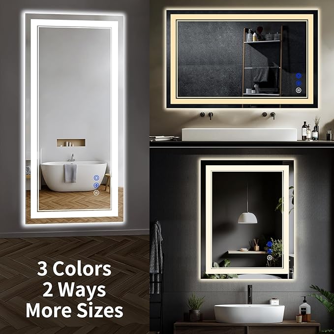 48"x36" LED Bathroom Mirror with Anti-Fog, Stepless Dimmable Lights, 3 Color Modes, Shatter-Proof Tempered Glass, Memory Function & Waterproof Design