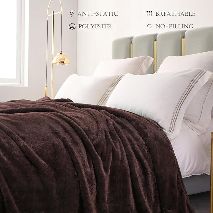 Exclusivo Mezcla Plush Fuzzy Fleece Bed Blanket Queen Size, Super Soft, Fluffy and Warm Blankets，Suitable for All Seasons (Coffee, 90x90 Inches)