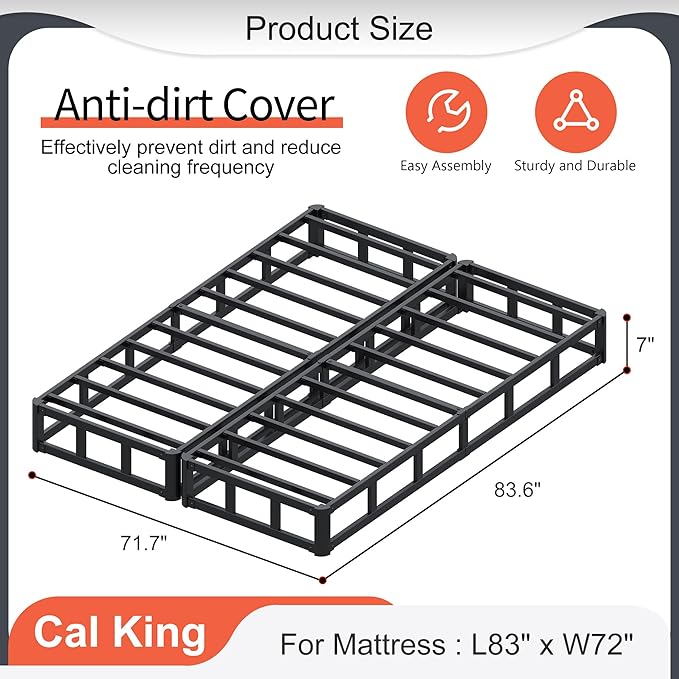 Split California King Box Spring 7 Inch, Heavy Duty Metal Box Spring Cal King Size with Fabric Cover, Noise-Free, Quick Assembly