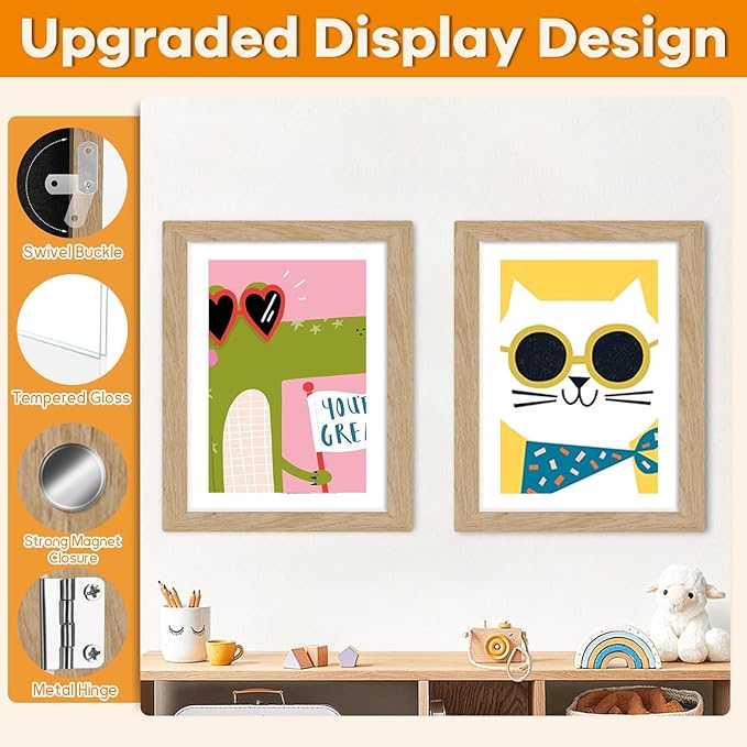 8 Pack Kids Artwork Frames Changeable 8.5 x 11 Inch Children Art Projects Kids Art Frames Front Opening Picture Display Frame, Wood