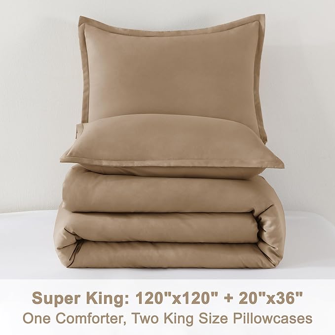 Litanika Comforters Taupe Super King Size, 3 Pieces Lightweight Solid Bedding Set & Collections, All Season Fluffy Bed Set (120x120In Comforter & 2 Pillowcases)