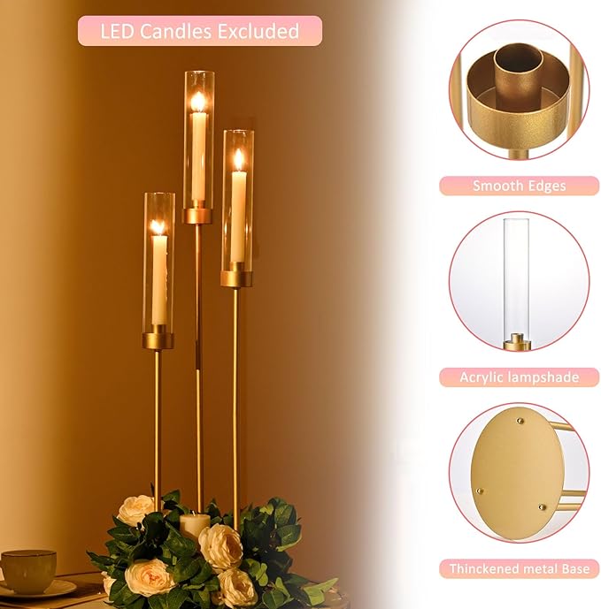 Vincidern 10pcs Gold 3 Arm Candelabra Taper Candle Holder for Table Centerpieces, 34in Tall Metal Candlestick Holder with Acrylic Lampshade for Wedding,Party,Holiday Christmas, Halloween Candelabra