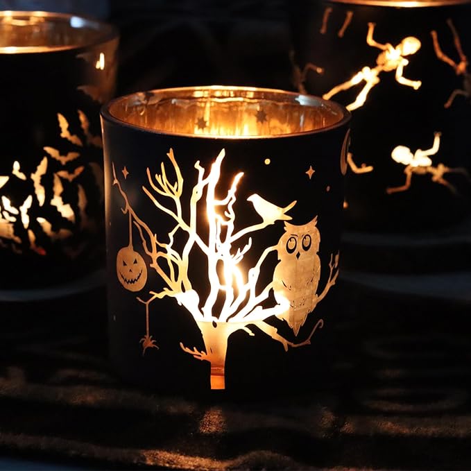 SHMILMH Halloween Glass Candle Holders Set of 4, Votive Tealight Holder Candle Jar for Making Candle, Halloween Office Kitchen Mantel Table Centerpiece Decoration