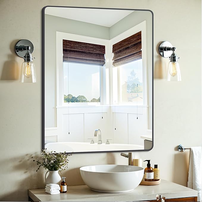 Black Bathroom Mirror, 30" x 40" Wall Mirror with Metal Frame, Decorative Rectangular Vanity Mirror for Bedroom Bathroom Living Room Entryway (Horizontal/Vertical)