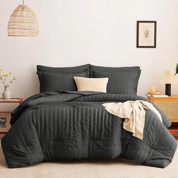 CozyLux Oversized King Comforter Set Dark Grey Seersucker 7 Pieces 120x98 Bed in a Bag Comforter Set with Sheets, Luxury Soft Bedding Sets with Down Alternative Comforter, Sheets, Pillowcases & Shams