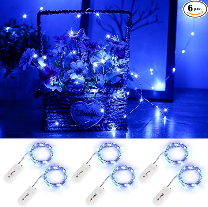 YKB 6 Pack Blue Fairy String Lights Battery Operated Fairy Lights Starry String Lights on 3.3ft/1m Silvery Copper Wire DIY Christmas Decoration Costume Wedding Party Halloween Easter