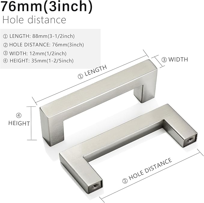 Cabinet Pulls Brushed Nickel Cabinet Handles Square Drawer Pulls, 40 Pack 3 Inch Stainless Steel Kitchen Door Cupboard Cabinet Handles, Cabinet Hardware Drawer Handles, 76mm Hole Centers