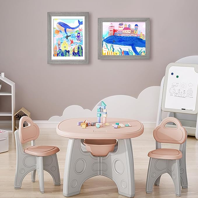 KINLINK 9x12 Kids Art Frames Set of 2, Solid Wood Kids Artwork Frames Changeable with Acrylic Front Opening Holds 150 Pictures, Art Frame for Kids Artwork with Mat or without Mat, Grey