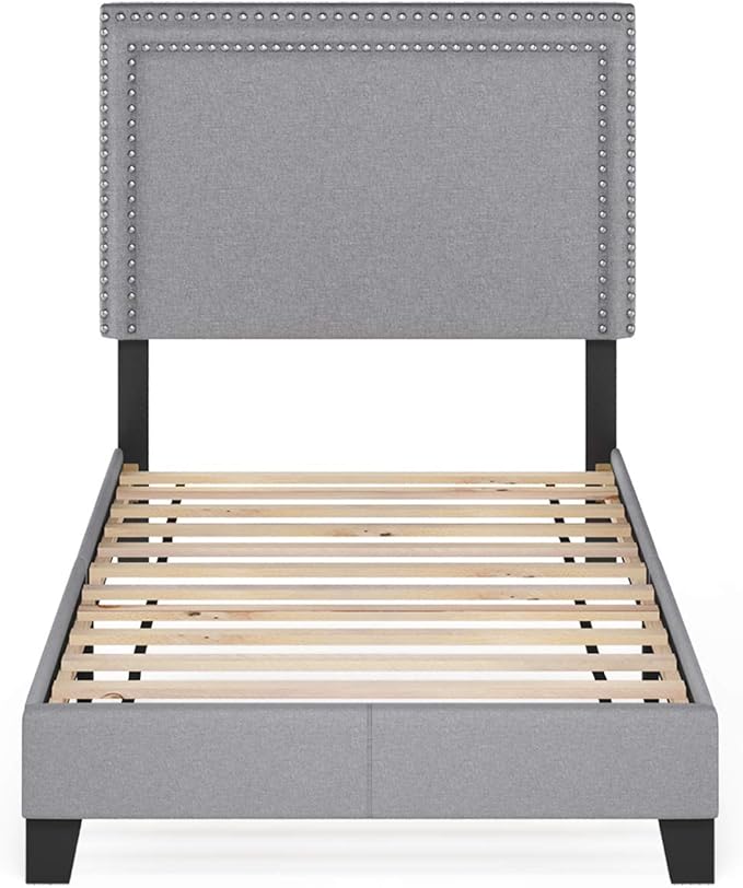 Furinno Laval Double Row Nail Head Upholstered Platform Bed Frame, Twin, Glacier