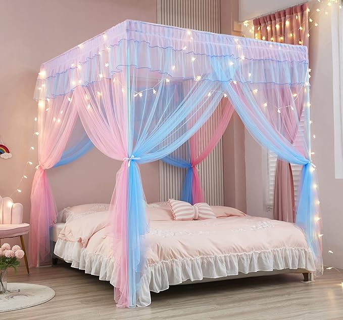 Mengersi Rainbow Canopy Bed Curtains with Lights - Princess Bed Canopy for Girls - Bed Drapes Netting- Bedroom Decoration Accessories,Queen