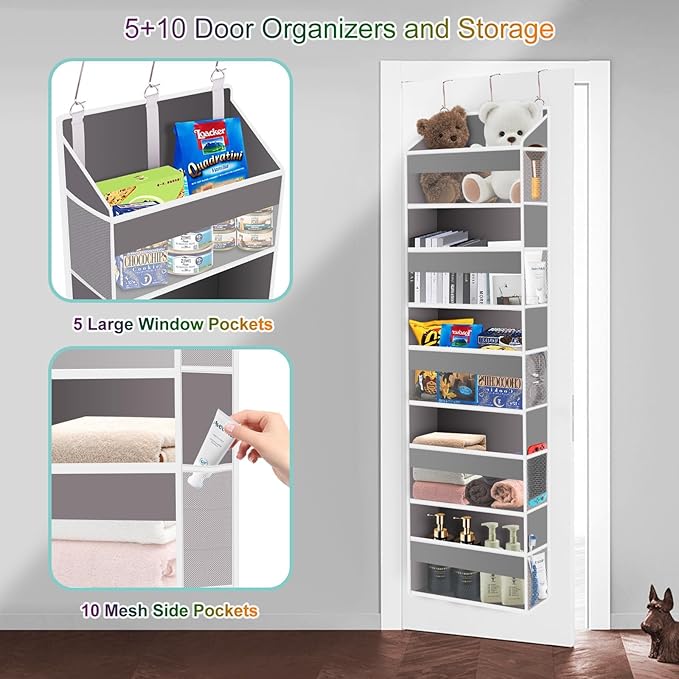 Over The Door Organizer Closet,5 Bins 10 Side Pockets,Hanging Organizer,Anti Tilt 44 lbs Load Organizers and Storage with Clear Window for Bedroom,Nursery,Rv,Bathroom,Camper(Light Grey)