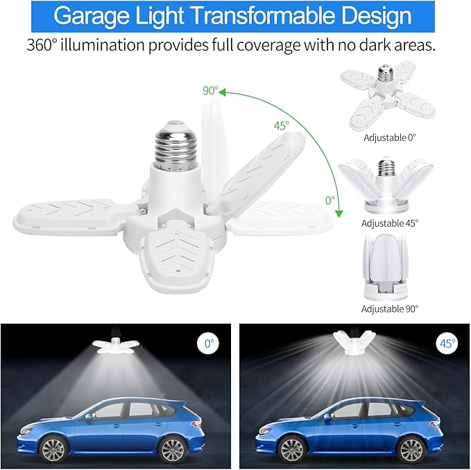4Pack LED Garage Light Bulb,Mini 50W LED Garage Ceiling Lights 4 Adjustable Panels,5000Lumen Garage LED Light Bulb,E26 6500K Daylight LED Shop Lights for Garage,Kitchen,Indoor,Attic Light