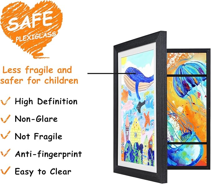 KINLINK 9x12 Kids Art Frames Set of 2, Solid Wood Kids Artwork Frames Changeable with Acrylic Front Opening Holds 150 Pictures, Art Frame for Kids Artwork with Mat or without Mat, Black Wood