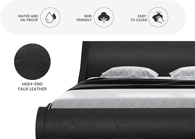 SHA CERLIN Modern Low Profile Platform Bed Frame King Size, Stylish Faux Leather Upholstered Sleigh Bed with Ergonomics Headboard, No Box Spring Needed, Glossy Black