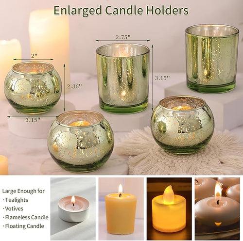 10 Pcs Assorted Green Votive Candle Holders, Larger Size Mercury Glass Candle Holder, Sage Green Tealight Candle Holder for Wedding, Votive Holders for Party Centerpieces for Table