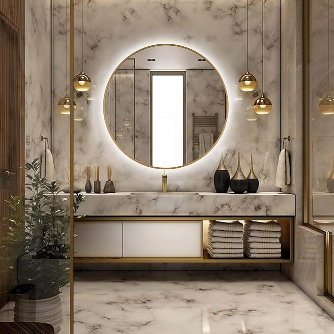 30" Round LED Bathroom Mirror, Wall Mounted Round Backlit Mirror LED Bathroom Vanity Mirror with Lights Fog Free Circle Lighted Mirror with Gold Frame, Smart Light up Mirror 3-Color