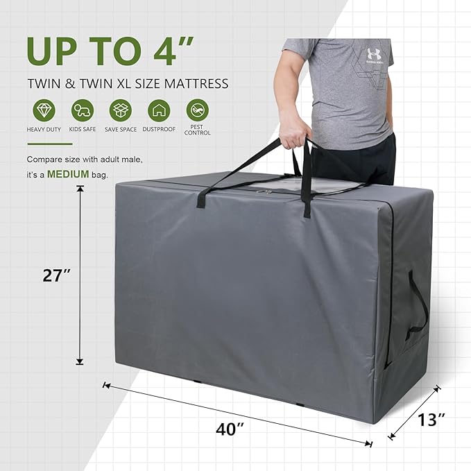 Cuddly Nest Folding Mattress Storage Bag - Heavy Duty Carry Case for Tri-Fold Guest Bed (Fits 4" Twin & Twin XL, Grey)