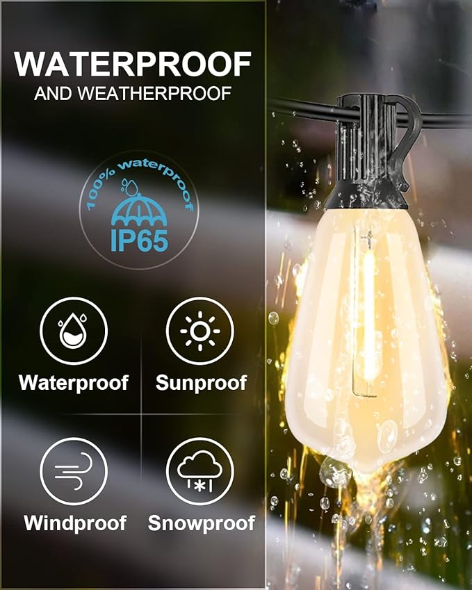 Lightdot 300FT Outdoor String Lights, LED Bistro String Lights with Shatterproof ST38 Vintage Bulbs, 2200K Dimmable, Waterproof Hanging Lights for Porch, Deck, Garden, Backyard, Balcony - ETL Listed