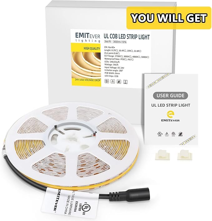 EMITEVER COB LED Strip Lights Warm White 32.8ft, 3000K 24V Dimmable Tape Light Premium High Density, 305LM+/ft, 4800LEDs, Ra 90+, 3W/FT, UL Listed for Cabinets, Shelves(Power Supply Sold Separately)