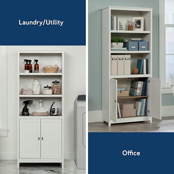 Sauder Cottage Road Book Shelf, Bookshelf with Storage, Library Bookcase with Doors and Adjustable Shelves, in Soft White Finish