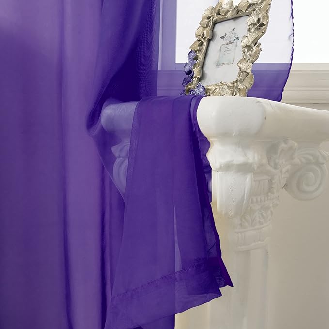 HUTO Short Purple Sheer Curtains 45 Inch Length for Girls Room Rod Pocket Sheer Window Drapes for Kitchen Bedroom Bathroom,Purple 2 Panels