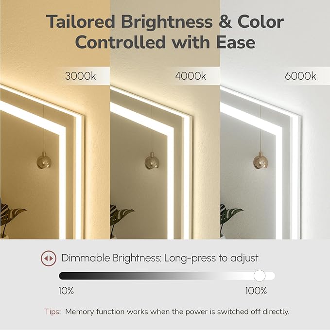 USHOWER LED Bathroom Mirror 24x36 Inch with Lights - Frameless Tempered Glass LED Backlit Lighted Mirror for Bathroom Vanity with Anti-Fog, 3 Colors Dimmable, Memory Function, Wall-Mounted