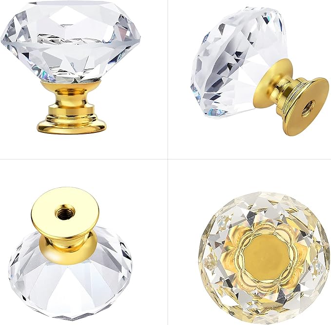 Ravinte 25 Pack Crystal Drawer Knobs - Glass Cabinet Knobs, Diamond Shaped, 30 mm with Gold Base