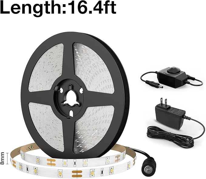 Olafus White LED Strip Lights, 16.4ft Dimmable LED Light Strip, 12V 6000K Vanity Mirror Light with UL Listed Plug, 300 LEDs 2835 Flexible Led Lights for Bedroom Under Cabinet Kitchen