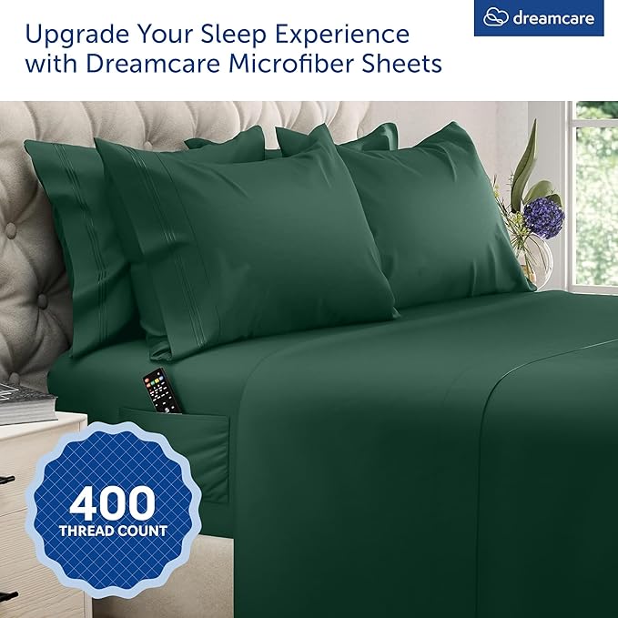 DREAMCARE Queen Sheet Set – 6 pcs Cooling Bed Sheets – up to 15” Deep Sheets Queen Size Bed Set – 2500 Supreme Collection – Extra Soft 100% Brushed Microfiber Hotel Luxury with Side Pocket – E Green