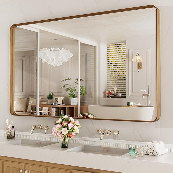 LOAAO 60X36 Inch Bathroom Mirror with Wood Grain Colored Metal Frame, Rounded Rectangle Metal Framed Bathroom Mirror, Anti-Rust, Hangs Horizontally or Vertically, Tempered Glass
