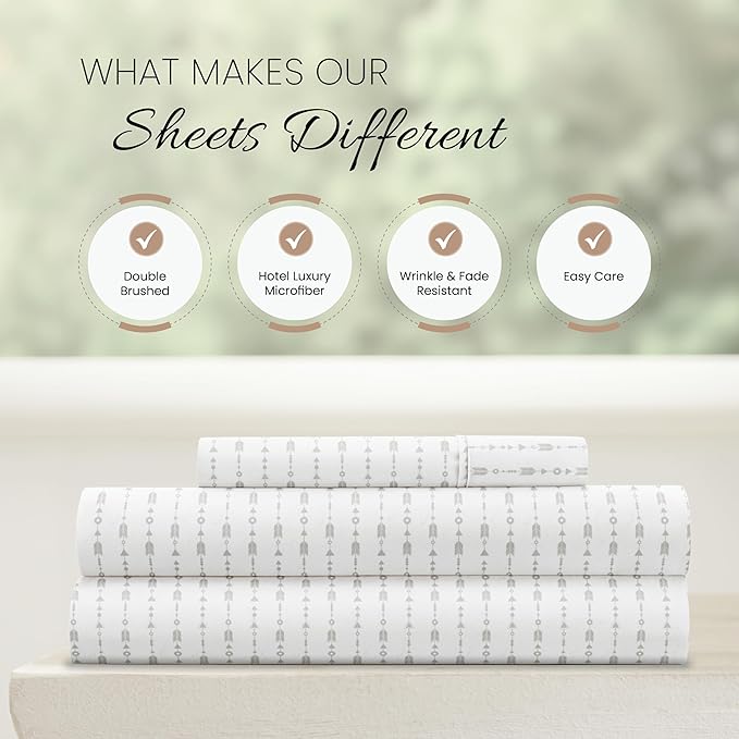Linen Market Double-Brushed Patterned Microfiber Twin Sheet Set 3 Piece – Oeko-TEX Certified Ultra Soft & Wrinkle-Free - 16" Deep Pocket Sheets - Easy Care Twin Size - Beaded Arrows Light Gray
