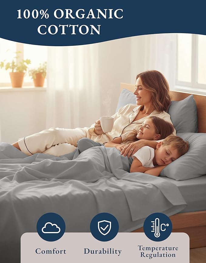 LANE LINEN 100% Organic Cotton Sheets Twin Size, Soft & Comfy Mercerized Fully Elasticized Naturally Temperature Regulating Sustainably Produced Luxury Hotel Quality Cotton Twin Sheet Set- Silver
