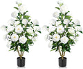 Faux Outdoor Plants 2 Pcs - 39’’ Artificial Camellia Tree Potted with White Flowers, Artificial Plants Outdoor Porch Front Door Garden Indoor Office Home Wedding Decor Housewarming Gift