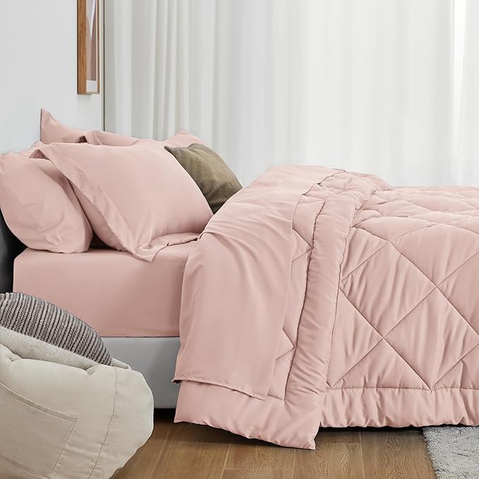 Love's cabin Queen Comforter Set Pink, 7 Pieces Queen Bed in a Bag, All Season Bedding Sets with 1 Comforter, 1 Flat Sheet, 1 Fitted Sheet, 2 Pillowcase and 2 Pillow Sham