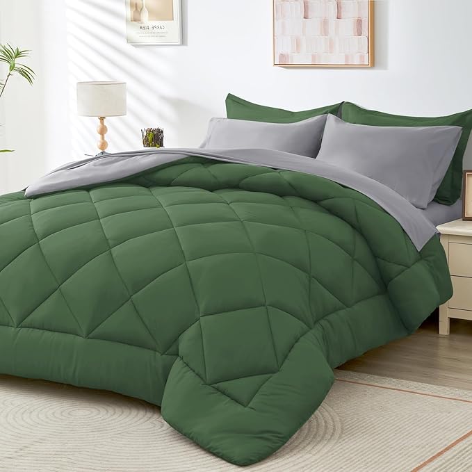 HEVUMYI Twin-XL Comforter Set - 5-Piece All Season Bed in a Bag Twin-XL, Ultra Soft Bedding Set with Comforter, Flat Sheet, Fitted Sheet, Pillowcases, Pillow Shams, Green & Light Grey