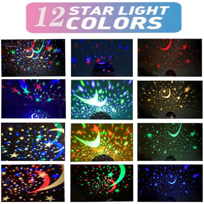 Borelor Star Night Light for Kids, 12 Color Changing Lights Modes with USB Cable, 360°Rotating Moon Star Projector Desk Lamp for Bedroom Party Decor & Girls Birthday Gift