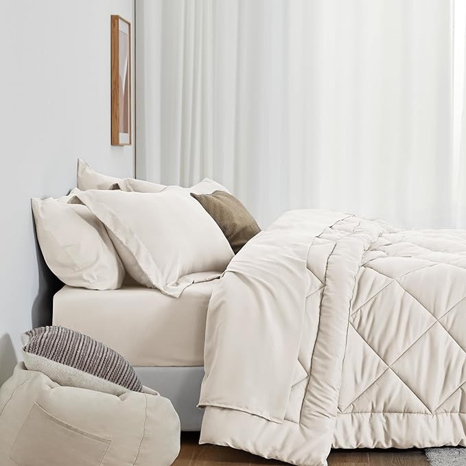 Love's cabin Twin XL Comforter Set Off White, 5 Pieces Twin XL Bed in a Bag, All Season Bedding Sets with 1 Comforter, 1 Flat Sheet, 1 Fitted Sheet, 1 Pillowcase and 1 Pillow Sham