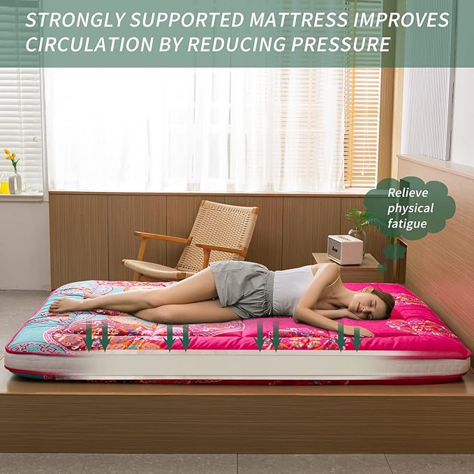 MAXYOYO Bohemian Style Futon Mattress, Padded Japanese Floor Mattress Quilted Bed Mattress Topper, Extra Thick Folding Sleeping Pad Breathable Floor Lounger Guest Bed for Camping Couch, Red, Full